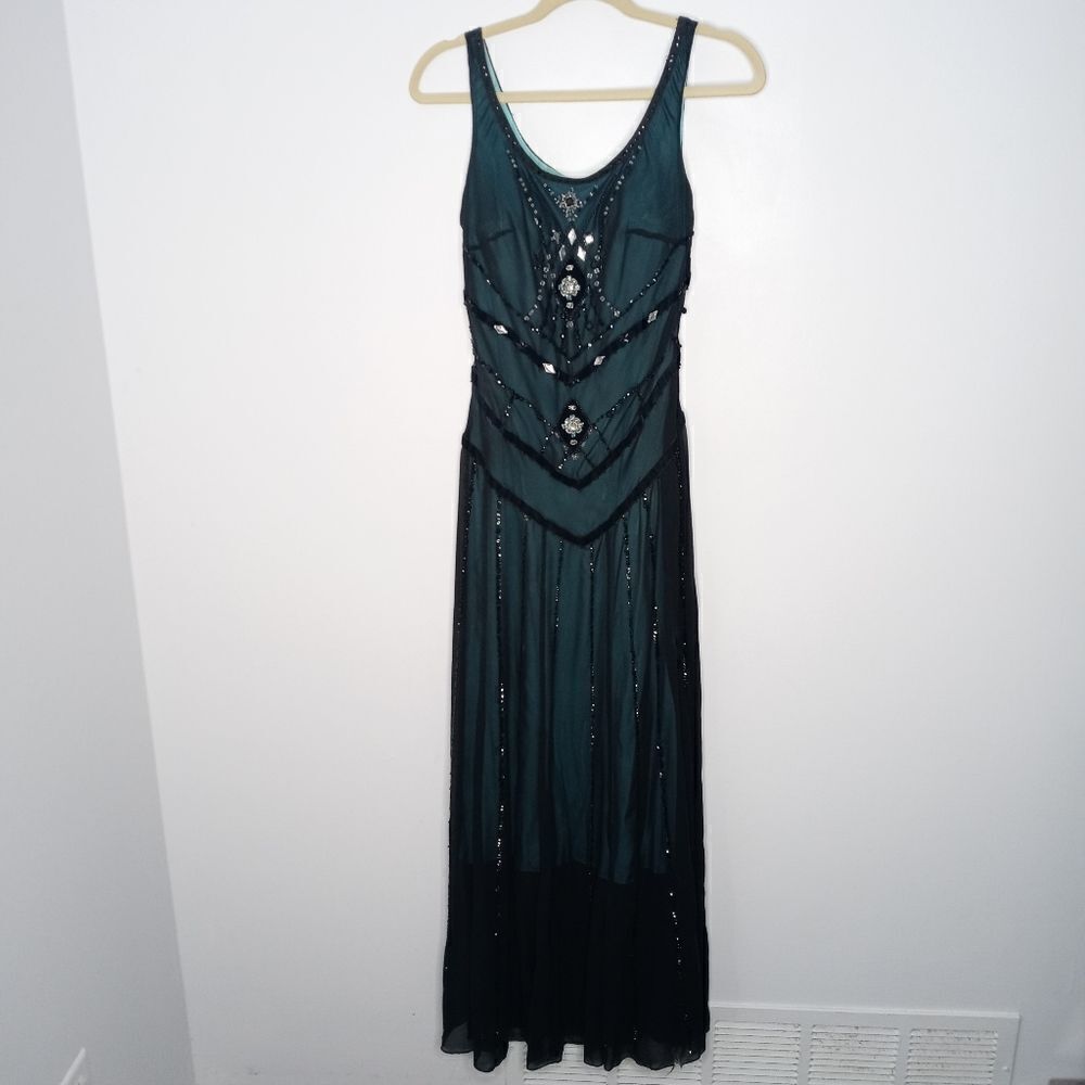Nina Michelle black beaded gown with blue lining size 8